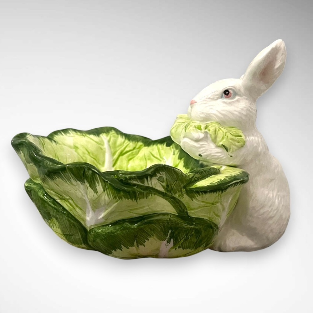 DEPARTMENT 56 White Rabbit and Green Cabbage Ceramic Candy Bowl | EUC